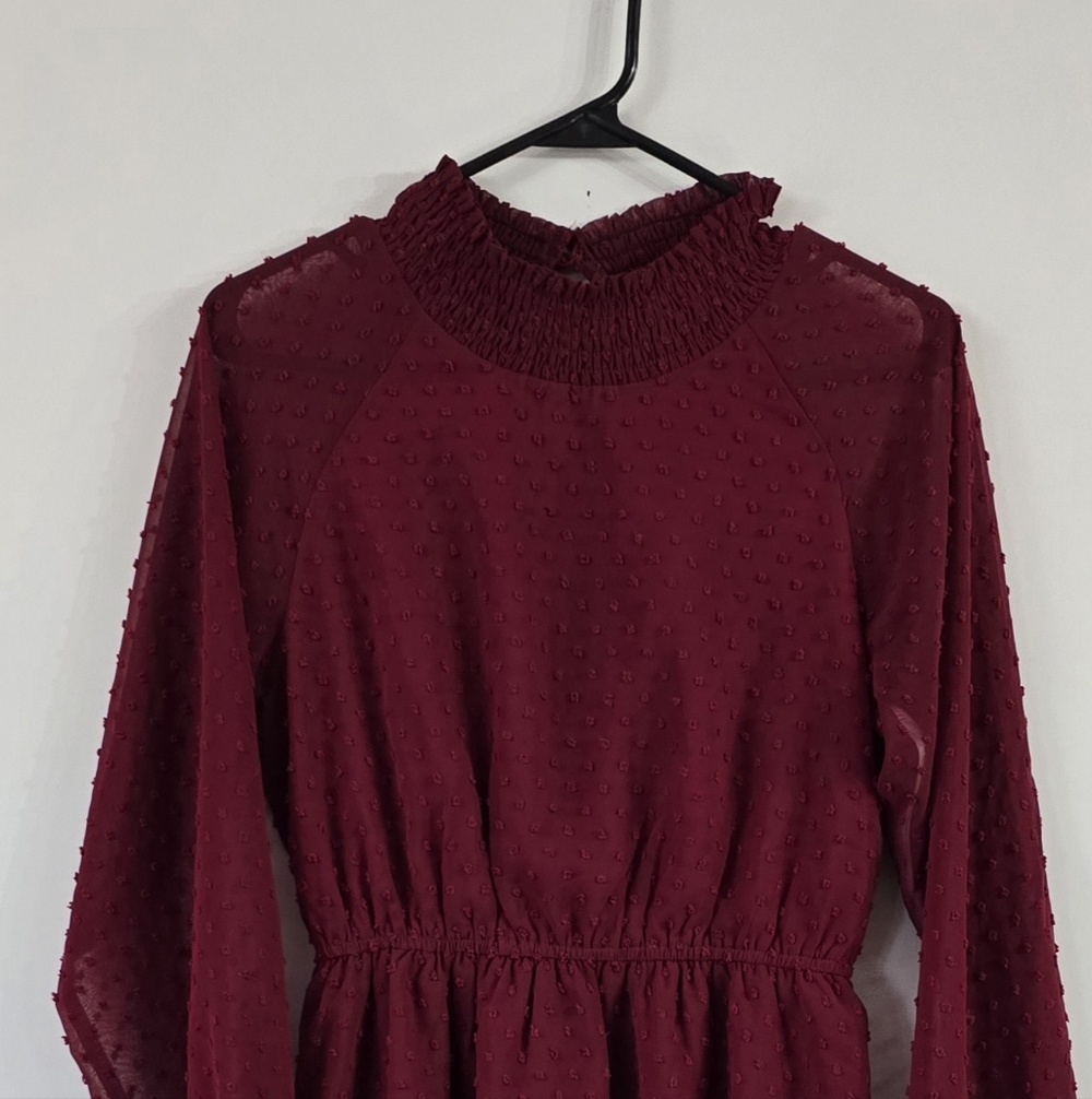 JJ's Elegant burgundy midi Textured dress with Long sleeves with gathered waist